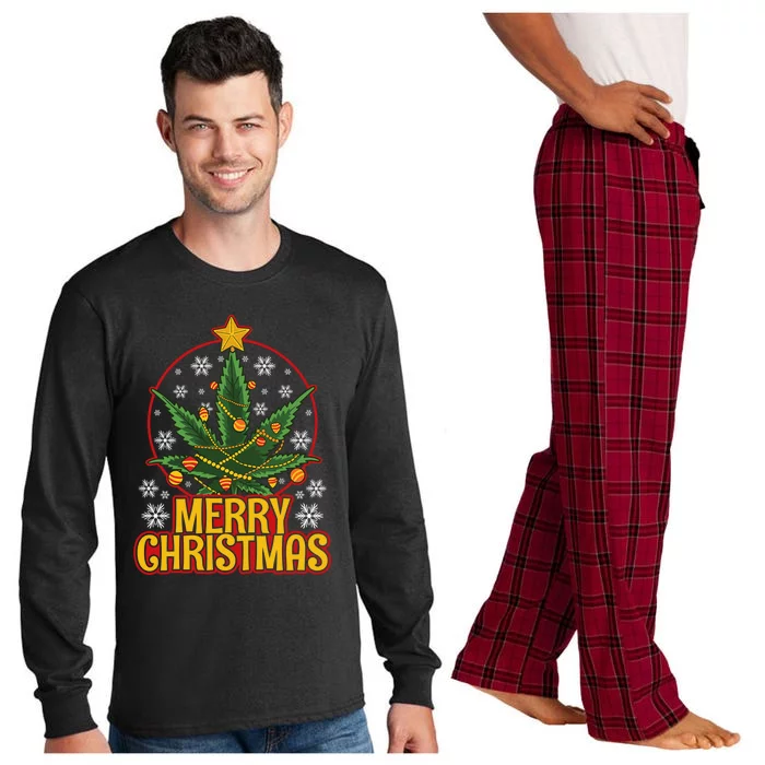 Merry Christmas Weed Marijuana Leaf Christmas Tree Pot Leaf Gift Long Sleeve Pajama Set