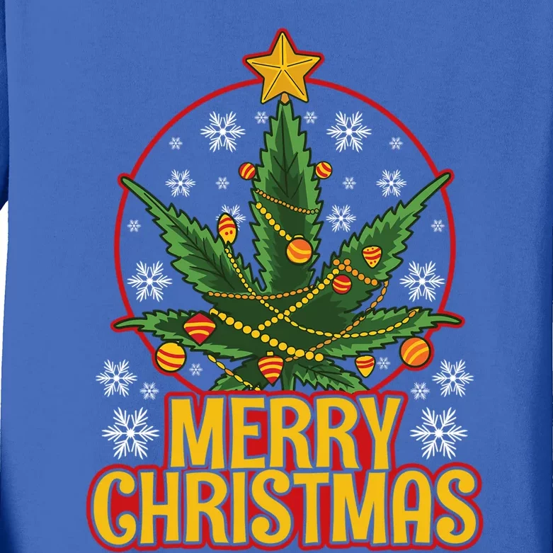 Merry Christmas Weed Marijuana Leaf Christmas Tree Pot Leaf Gift Kids Long Sleeve Shirt