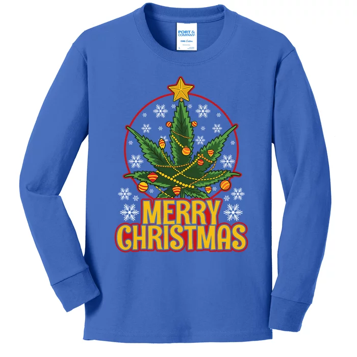 Merry Christmas Weed Marijuana Leaf Christmas Tree Pot Leaf Gift Kids Long Sleeve Shirt