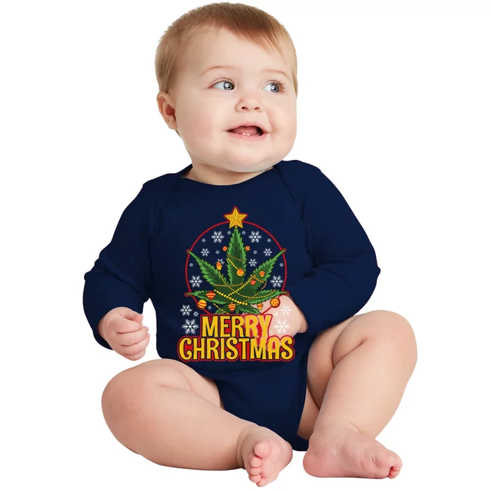 Merry Christmas Weed Marijuana Leaf Christmas Tree Pot Leaf Gift Baby Long Sleeve Bodysuit