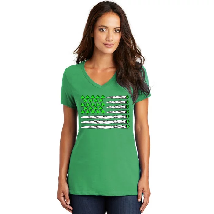 Marijuana Cannabis Weed Usa Flag Shamrock St Patricks Day Women's V-Neck T-Shirt