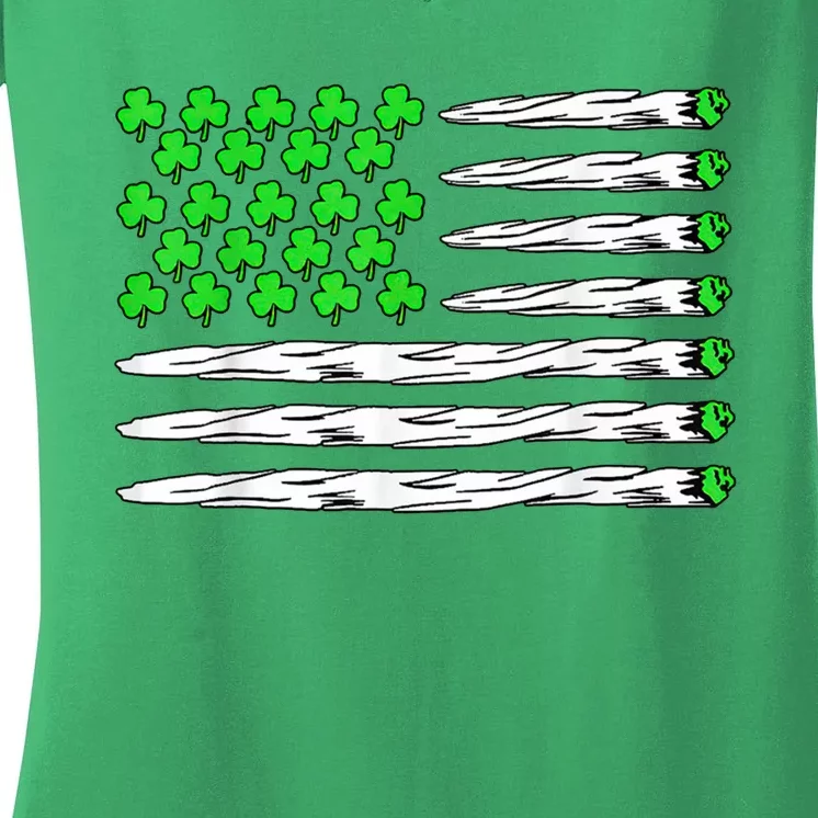 Marijuana Cannabis Weed Usa Flag Shamrock St Patricks Day Women's V-Neck T-Shirt