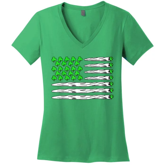 Marijuana Cannabis Weed Usa Flag Shamrock St Patricks Day Women's V-Neck T-Shirt