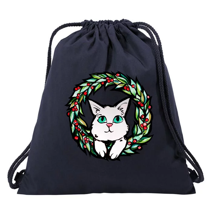 Meowy Catmas White Kitty Christmas Meaningful Gift Drawstring Bag