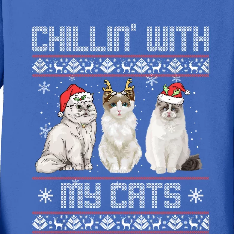 Meowy Chillin With My Cats Feline Fun Christmas Cat Funny Gift Kids Long Sleeve Shirt