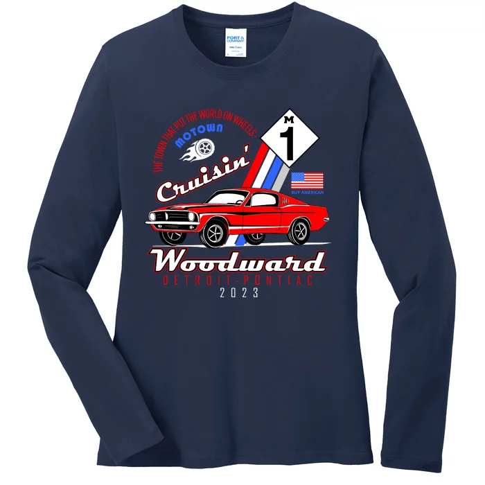 M1 Cruisin Woodward Motown The Town That Put The World On Wheels Ladies Long Sleeve Shirt