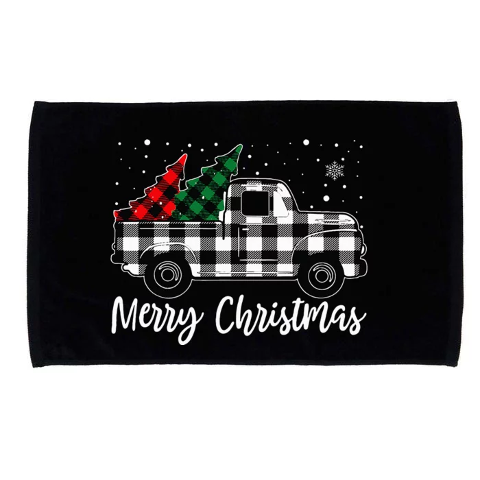 Merry Christmas White Buffalo Plaid Truck Tree Microfiber Hand Towel