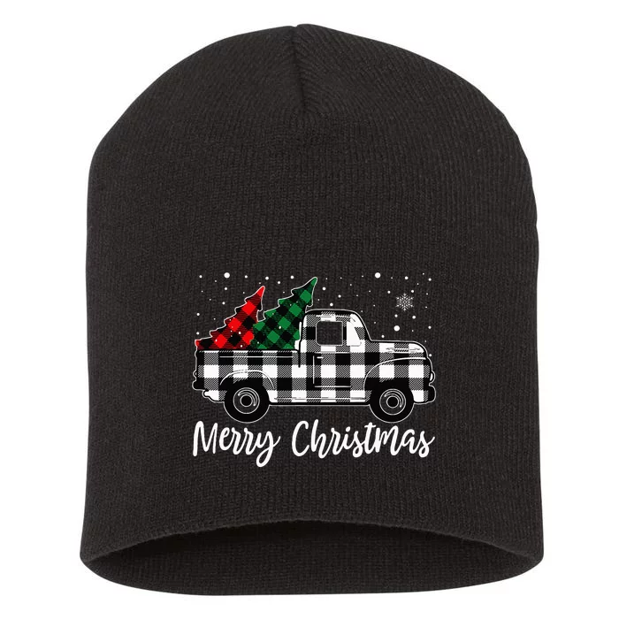 Merry Christmas White Buffalo Plaid Truck Tree Short Acrylic Beanie