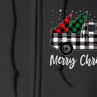 Merry Christmas White Buffalo Plaid Truck Tree Full Zip Hoodie