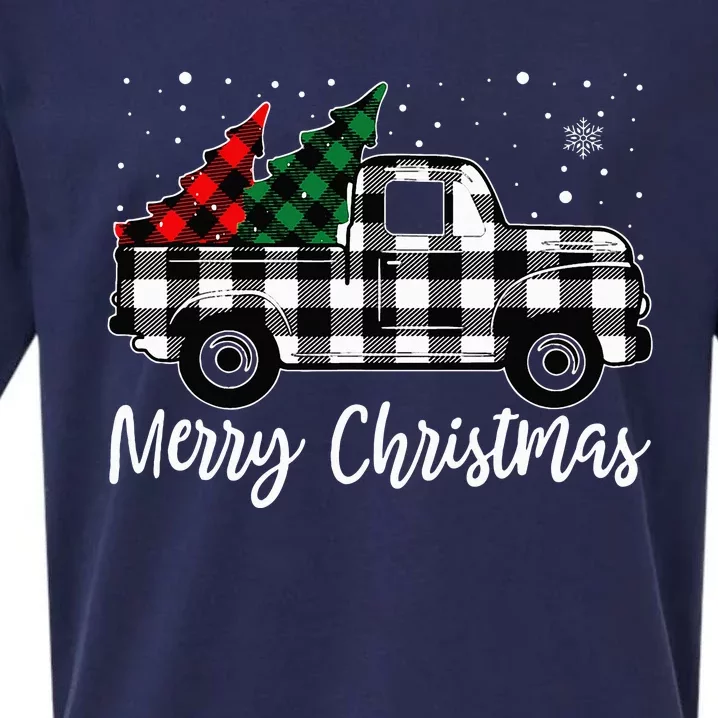 Merry Christmas White Buffalo Plaid Truck Tree Sueded Cloud Jersey T-Shirt