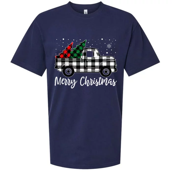 Merry Christmas White Buffalo Plaid Truck Tree Sueded Cloud Jersey T-Shirt