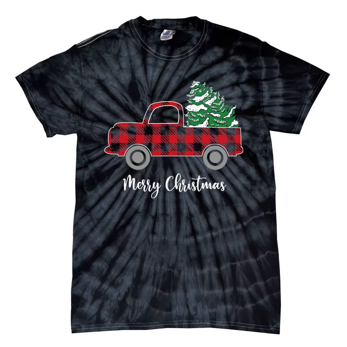 Merry Christmas White Buffalo Plaid Truck Trees Tie-Dye T-Shirt