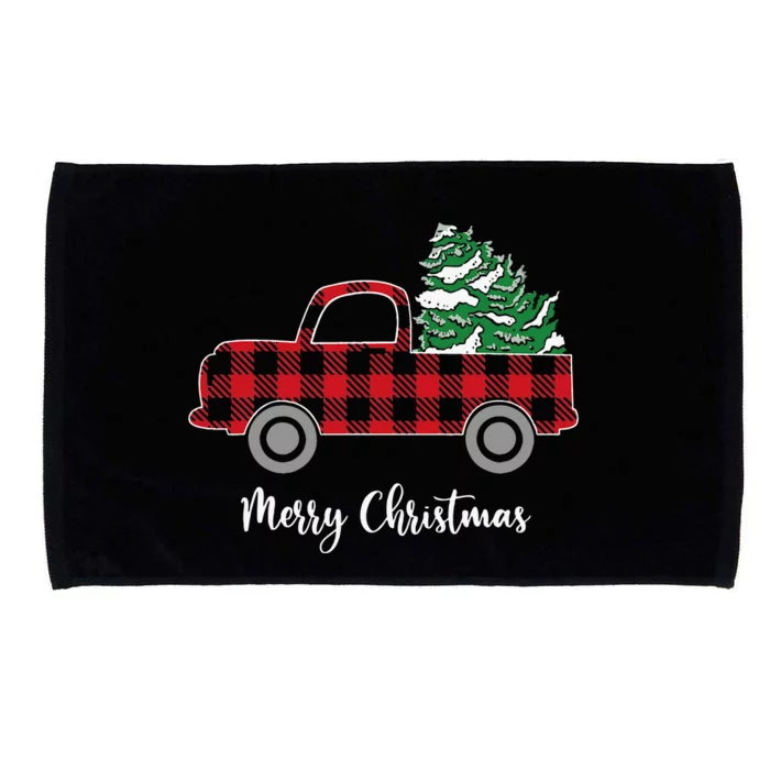 Merry Christmas White Buffalo Plaid Truck Trees Microfiber Hand Towel