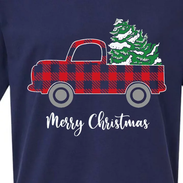 Merry Christmas White Buffalo Plaid Truck Trees Sueded Cloud Jersey T-Shirt