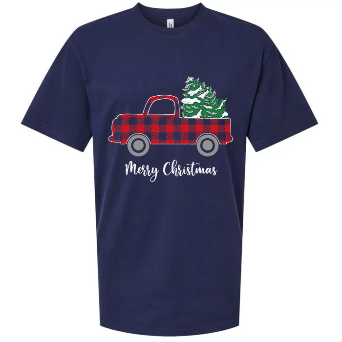 Merry Christmas White Buffalo Plaid Truck Trees Sueded Cloud Jersey T-Shirt