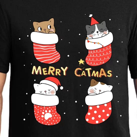 Merry Catmas Xmas Novelty Cat Lover Santa Stocking Meowy Gift Pajama Set