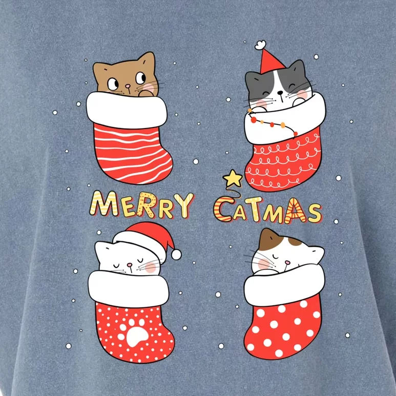 Merry Catmas Xmas Novelty Cat Lover Santa Stocking Meowy Gift Garment-Dyed Women's Muscle Tee