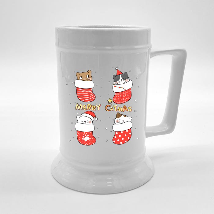 Merry Catmas Xmas Novelty Cat Lover Santa Stocking Meowy Gift Front & Back Beer Stein