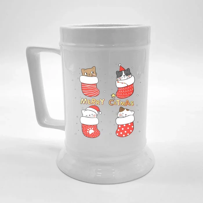 Merry Catmas Xmas Novelty Cat Lover Santa Stocking Meowy Gift Front & Back Beer Stein