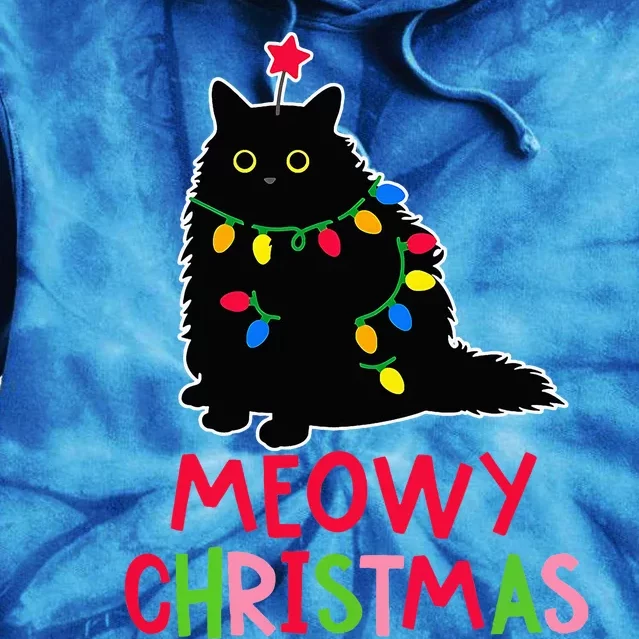 Meowy Christmas Xmas Lights Black Cat Pajamas Family Funny Tie Dye Hoodie