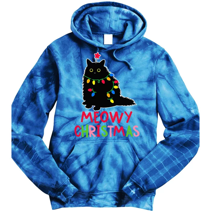 Meowy Christmas Xmas Lights Black Cat Pajamas Family Funny Tie Dye Hoodie