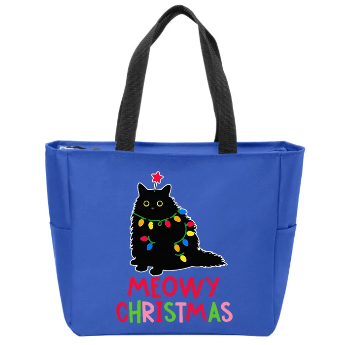 Meowy Christmas Xmas Lights Black Cat Pajamas Family Funny Zip Tote Bag