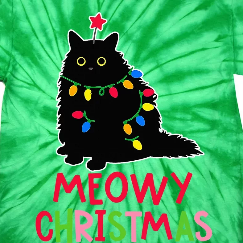 Meowy Christmas Xmas Lights Black Cat Pajamas Family Funny Tie-Dye T-Shirt