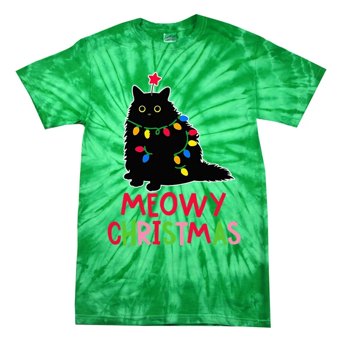 Meowy Christmas Xmas Lights Black Cat Pajamas Family Funny Tie-Dye T-Shirt