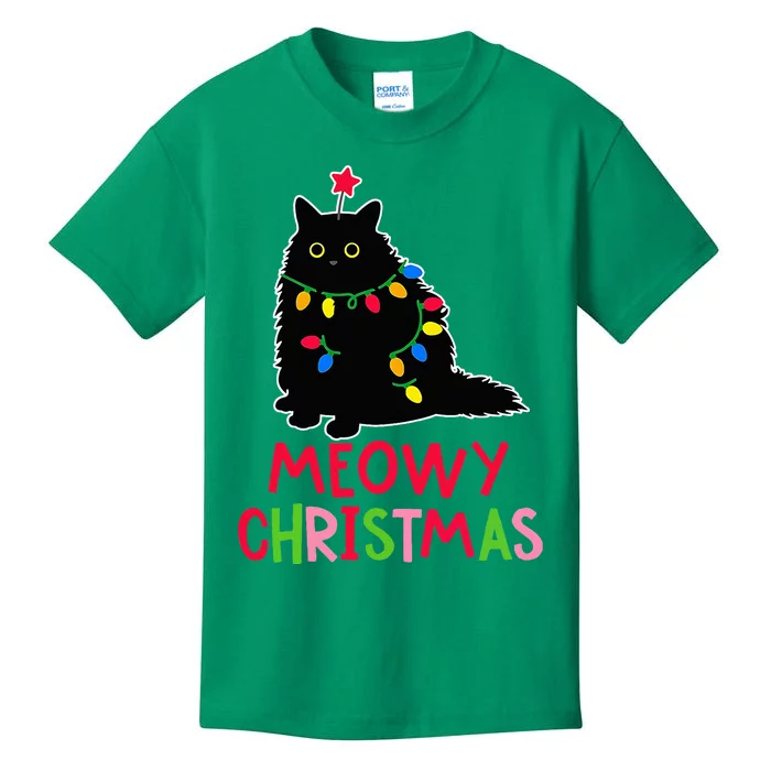 Meowy Christmas Xmas Lights Black Cat Pajamas Family Funny Kids T-Shirt