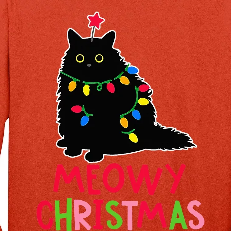 Meowy Christmas Xmas Lights Black Cat Pajamas Family Funny Tall Long Sleeve T-Shirt