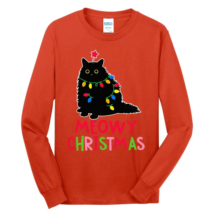 Meowy Christmas Xmas Lights Black Cat Pajamas Family Funny Tall Long Sleeve T-Shirt