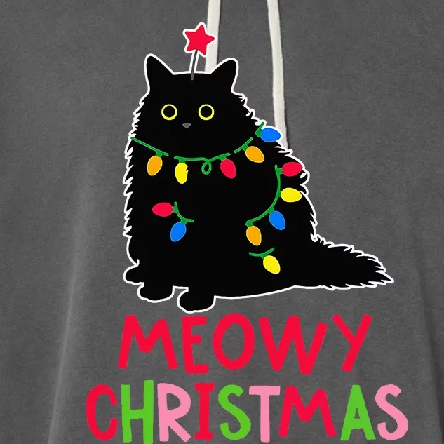 Meowy Christmas Xmas Lights Black Cat Pajamas Family Funny Garment-Dyed Fleece Hoodie