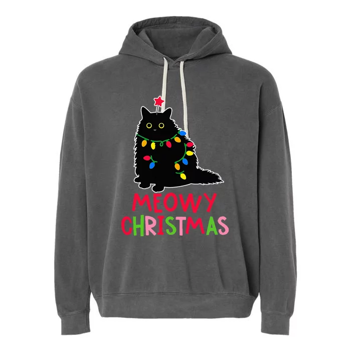 Meowy Christmas Xmas Lights Black Cat Pajamas Family Funny Garment-Dyed Fleece Hoodie