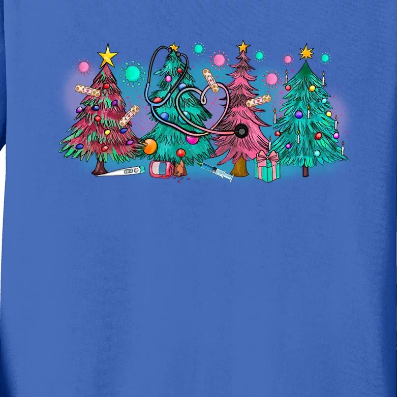 Merry Christmas Xmas Stethoscope Nurse Christmas Tree Scrubs Gift Kids Long Sleeve Shirt