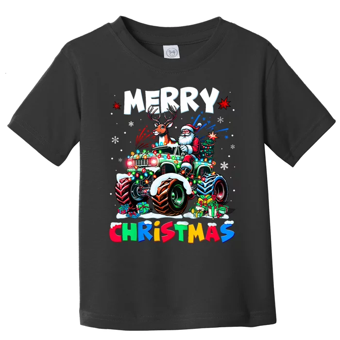 Merry Christmas Xmas Lights Monster Truck Santa Reindeer Toddler T-Shirt