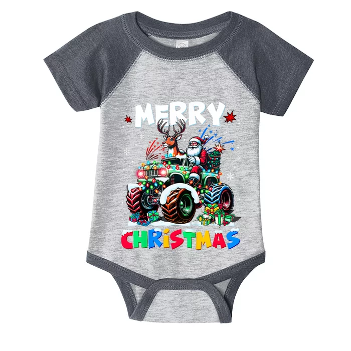 Merry Christmas Xmas Lights Monster Truck Santa Reindeer Infant Baby Jersey Bodysuit