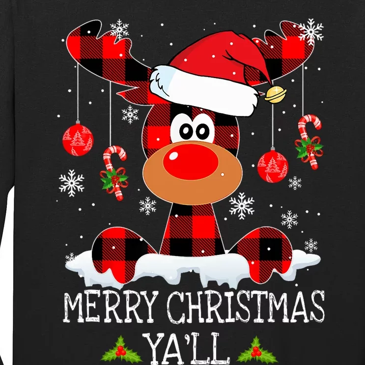 Merry Christmas YaLl Buffalo Red Plaid Reindeer Santa Hat Tall Long Sleeve T-Shirt