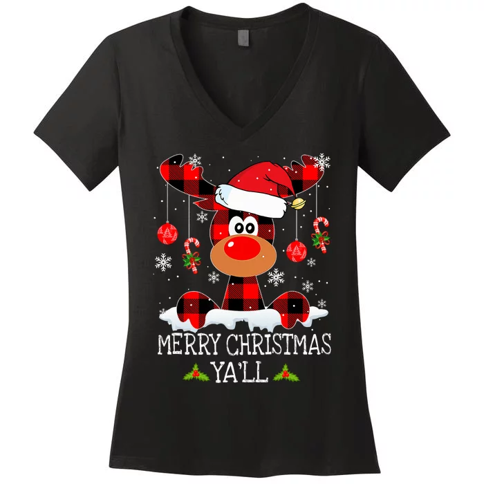 Merry Christmas YaLl Buffalo Red Plaid Reindeer Santa Hat Women's V-Neck T-Shirt