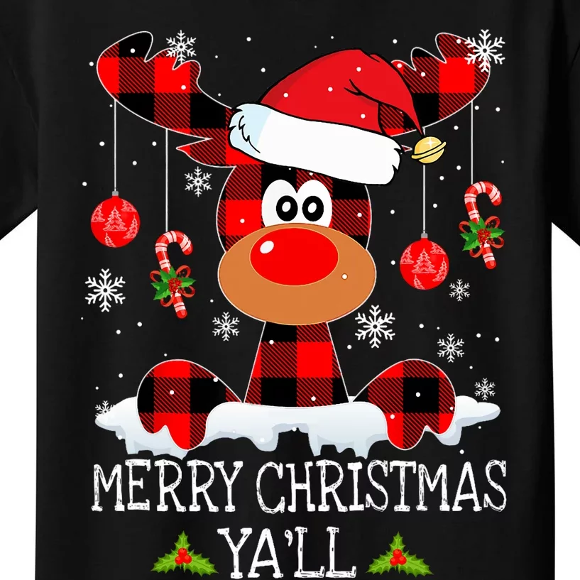 Merry Christmas YaLl Buffalo Red Plaid Reindeer Santa Hat Kids T-Shirt