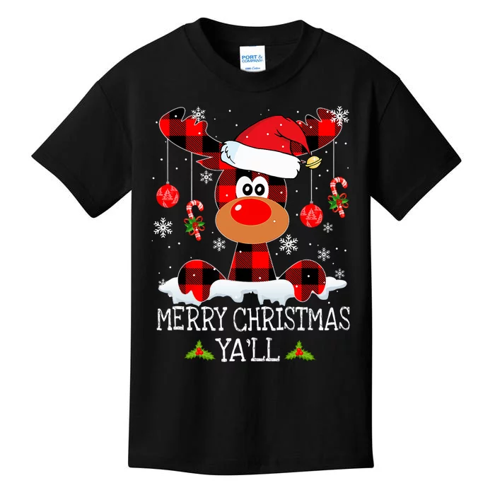 Merry Christmas YaLl Buffalo Red Plaid Reindeer Santa Hat Kids T-Shirt