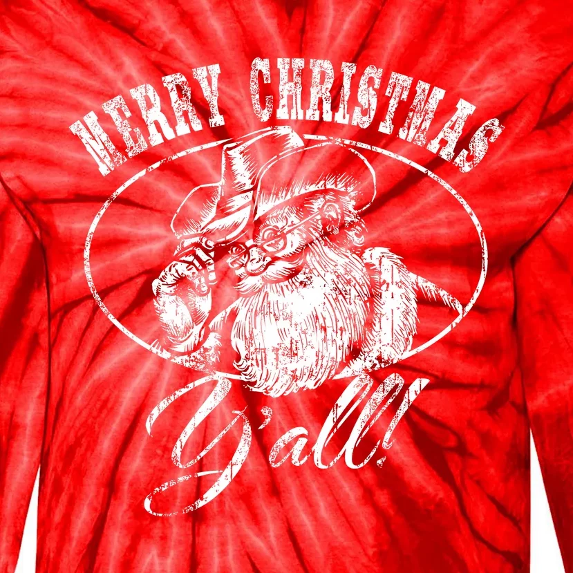 Merry Christmas YAll Funny Country Cowboy Santa Claus Tie-Dye Long Sleeve Shirt