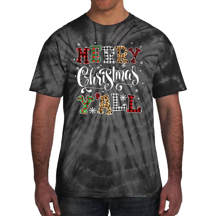 Merry Christmas Yall Leopard Buffalo Plaid Pajama Family Tie-Dye T-Shirt