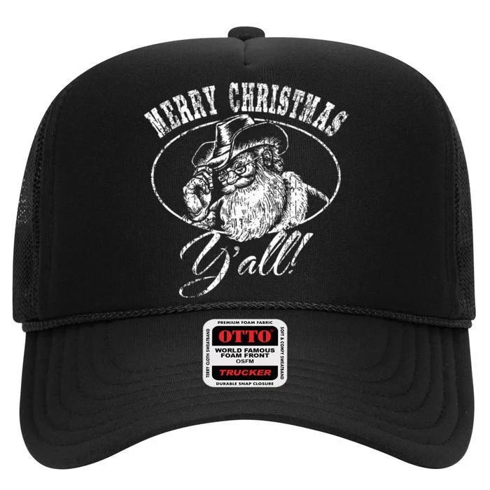 Merry Christmas Y'all Funny Country Cowboy Santa Claus High Crown Mesh Trucker Hat