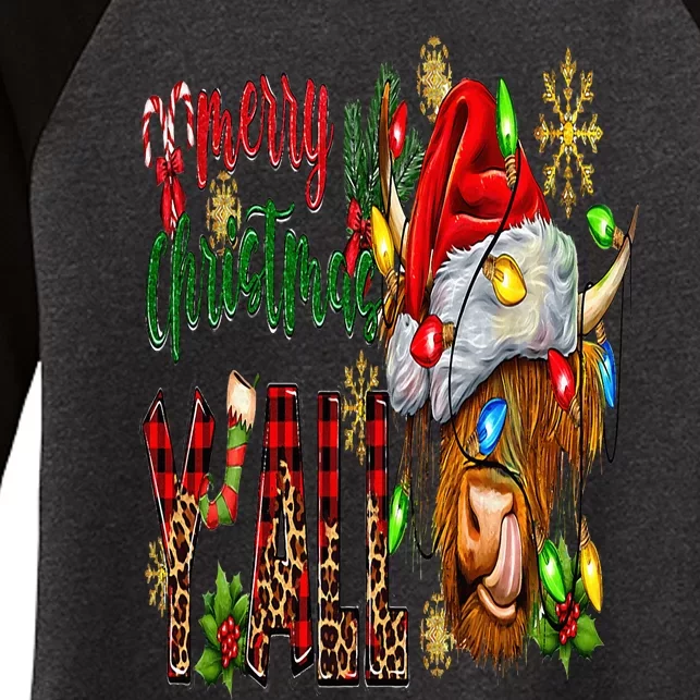 Merry Christmas Y'all Cute Highland Cow Christmas Santa Hat Women's Tri-Blend 3/4-Sleeve Raglan Shirt