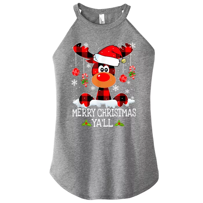 Merry Christmas Ya'll Reindeer Santa Hat Buffalo Red Plaid Funny Gift Women’s Perfect Tri Rocker Tank