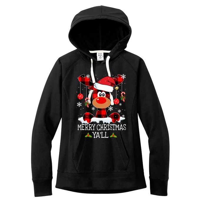 Merry Christmas YaLl Buffalo Red Plaid Reindeer Santa Hat Women's Fleece Hoodie