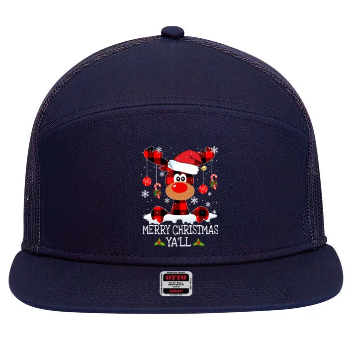 Merry Christmas YaLl Buffalo Red Plaid Reindeer Santa Hat 7 Panel Mesh Trucker Snapback Hat