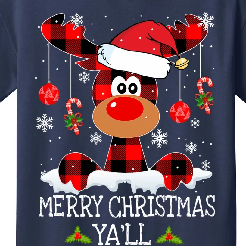 Merry Christmas YaLl Buffalo Red Plaid Reindeer Santa Hat Kids T-Shirt