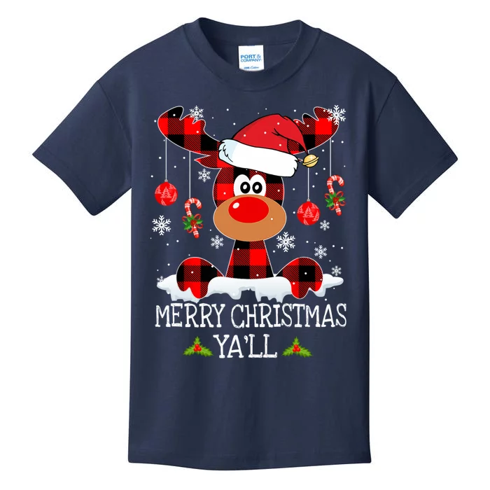 Merry Christmas YaLl Buffalo Red Plaid Reindeer Santa Hat Kids T-Shirt