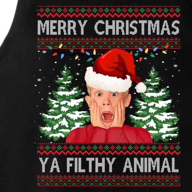 Merry Christmas Ya Filthy Animal Funny Ugly Christmas Ladies Tri-Blend Wicking Tank